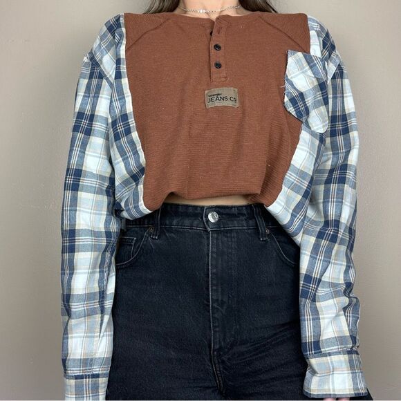 Wrangler Reworked Brown Western Long Sleeve Relaxed Flannel Henley Shirt Top - Picture 3 of 3